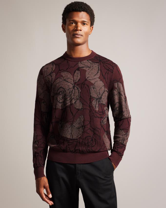 Pull Ted Baker Wool Blend Jacquard Floral Bordeaux Homme | NGG-45359340